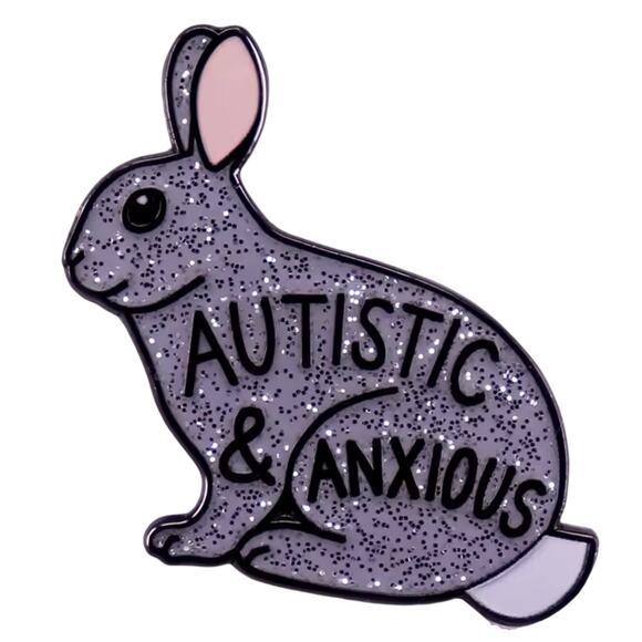 Autistic & Anxious Bunny Enamel Pin Gray Glitter Mental Health Awareness Support - Picture 1 of 11